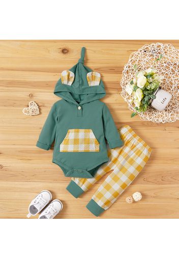 2pcs Baby 3D Ears Long-sleeve Hooded Romper and Plaid Trousers Set