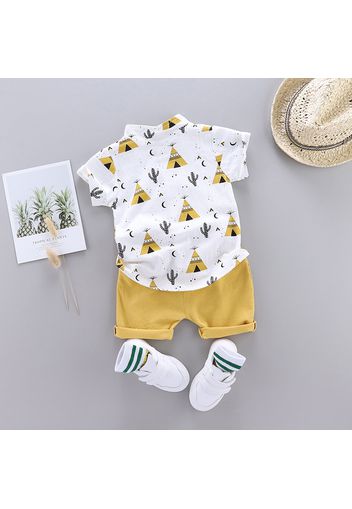 2pcs Toddler Boy Casual Pyramid Cactus Print Shirt and Shorts Set