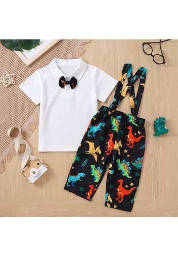 2pcs Toddler Boy Playful Bow tie Design Polo Shirt and Dinosaur Print Capri Suspender Pants Set