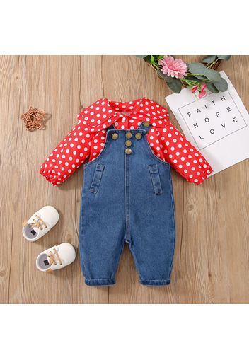 2pcs Baby Girl Red Polka Dots Long-sleeve Romper and Denim Overalls Set