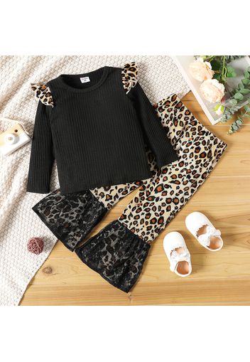 2-piece Toddler Girl Ruffled Long-sleeve Ribbed Black Top and Leopard Print Mesh Design Flared Pants Set