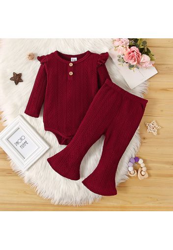 2pcs Baby Girl Solid Cable Knit Textured Long-sleeve Romper and Flared Pants Set