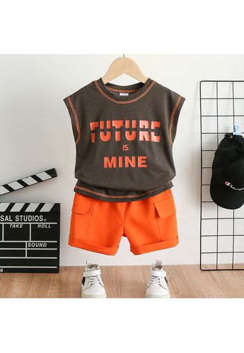 2pcs Toddler Boy Trendy Letter Print Sleeveless Tee and Pocket Design Shorts Set