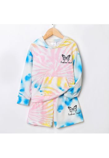 2pcs Kid Girl Tie Dyed Butterfly Print Hooded Sweatshirt and Shorts Set