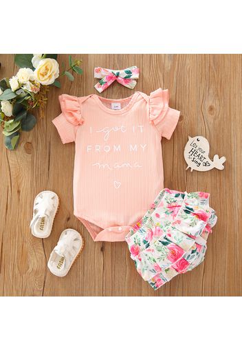 3pcs Baby Girl Letter Print Ribbed Ruffle Short-sleeve Romper and Floral Print Shorts with Headband Set