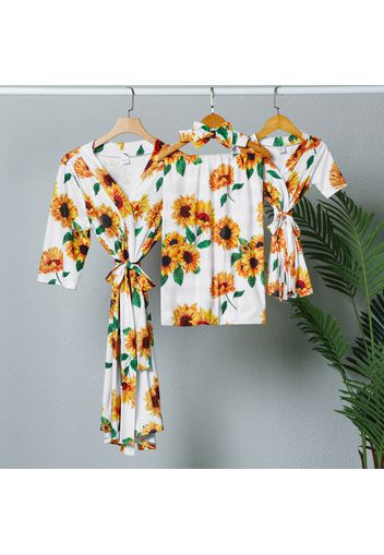 Mommy and Me All Over Yellow Sunflowers Floral Print Half Sleeve Robe and Swaddle Sets