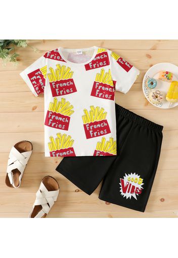 2pcs Kid Boy Fast Food Print Short-sleeve White Tee and Letter Print Black Shorts Set