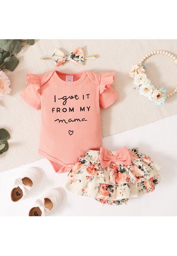 Ribbed 3pcs Letter Embroidery and Floral Print Short-sleeve Baby Set