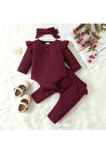 100% Cotton 3pcs Baby Solid Ruffle Long-sleeve Waffle Romper and Trousers Set