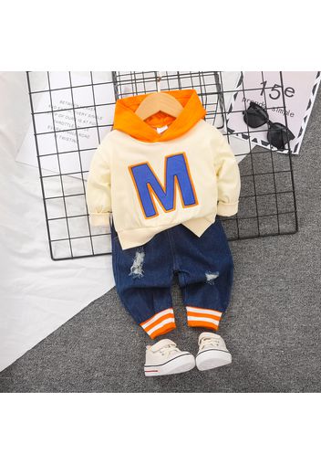 2pcs Baby Boy Letter Embroidered Contrast Color Hoodie and Ripped Jeans Set