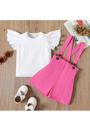 2pcs Toddler Girl Ribbed Flutter-sleeve White Tee and Pink Suspender Shorts Set