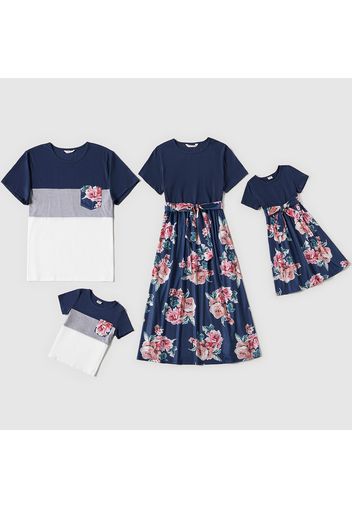 Family Matching Floral Print Splicing Blue Short-sleeve Belted Dresses and Color Block T-shirts Sets