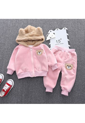 Baby 2pcs Cartoon Bear 3D Ears Fleece Long-sleeve Hooded Coat and Trouser Set