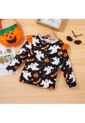 Toddler Girl Halloween Ghost Pumpkin Print Ruffle Long-sleeve Top