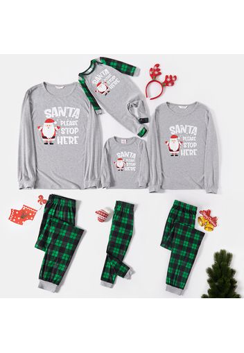 Christmas Santa and Letter Print Grey Family Matching Long-sleeve Plaid Pajamas Sets