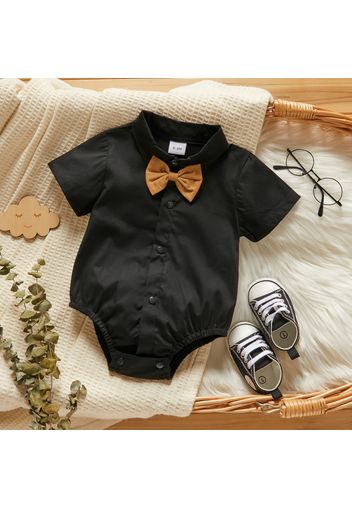 Solid Color Lapel Collar Short-sleeve Black Baby Romper