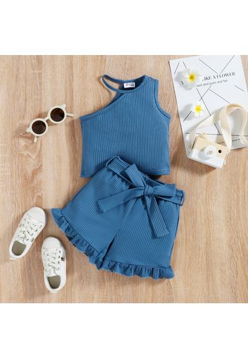 2pcs Toddler Girl One Shoulder Ribbed Blue Tank Top and Ruffled Belted Shorts Set