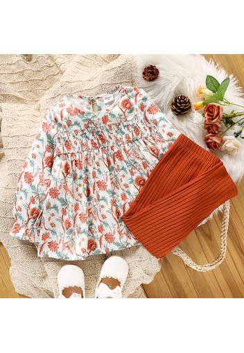 2-piece Toddler Girl Floral Print Smocked Long-sleeve Blouse and Ribbed Orange Pants Set