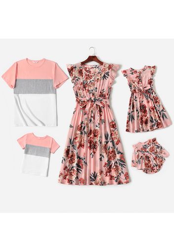 Family Matching All Over Floral Print Pink Flutter-sleeve Button Up Dresses and Splicing Short-sleeve T-shirts Sets