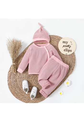 3pcs Baby Boy/Girl Solid Imitation Knitted Long-sleeve Top and Trousers with Hat Set