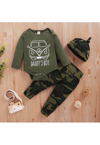 3pcs Camouflage and Letter Print Long-sleeve Green Baby Set