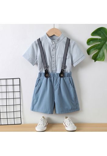 Mini Gentleman Toddler Boy 2pcs 100% Cotton Solid Stand Collar Short-sleeve Blue Shirt Top and Shorts with Suspenders Set