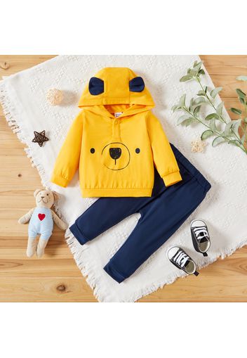 2-piece Baby Boy Bear Print Ear Decor Button Design Hoodie and Elasticized Solid Pants Set