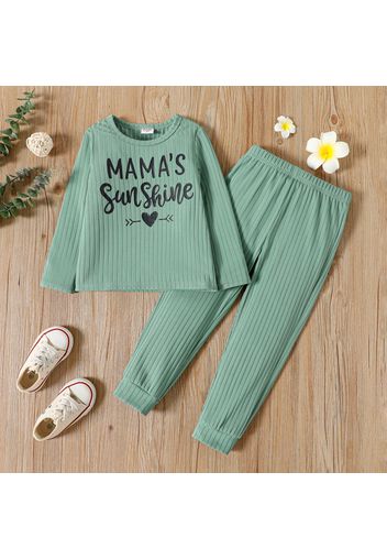 2pcs Toddler Girl Letter Print Ribbed Long-sleeve Tee and Elasticized Pants Set