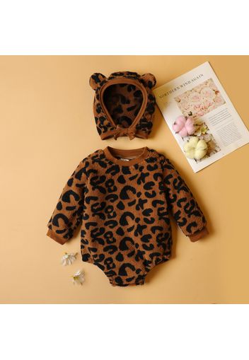 2pcs Baby All Over Leopard Long-sleeve Polar Fleece Romper Set