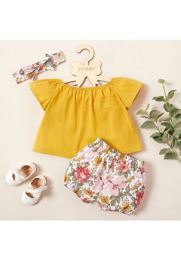 2pcs Baby Girl 100% Cotton Loose-fit Cap-sleeve Top and Allover Floral Print Shorts Set