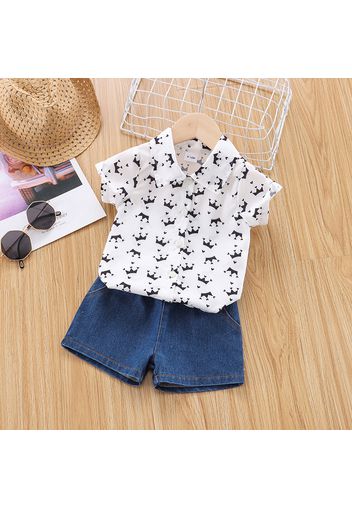 2pcs Baby Boy All Over Crown Print Short-sleeve Shirt and Denim Shorts Set