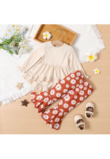 2pcs Baby Girl Rib Knit Ruffle Trim Long-sleeve Top and Allover Daisy Floral Print Flared Pants Set