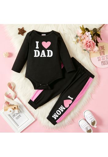 2pcs Baby Girl Love Heart and Letter Print Long-sleeve Romper with Trousers Set