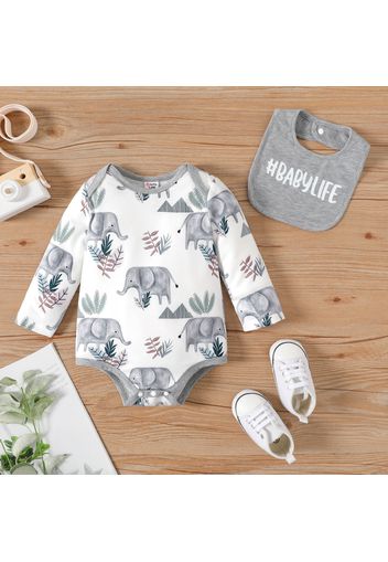 2pcs Baby Boy Long-sleeve Allover Elephant Print Romper with Letter Print Bib Set