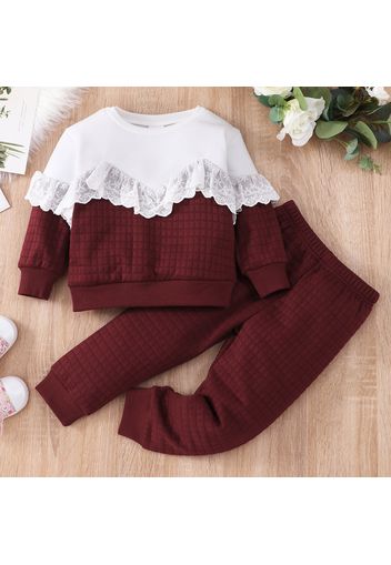 2-piece Toddler Girl Lace Design Colorblock Textured Sweatshirt and Solid Color Pants Set