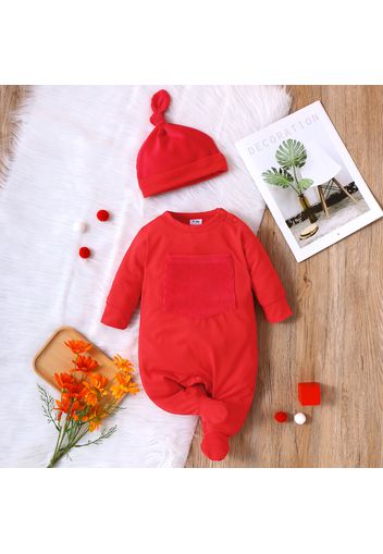 2pcs Baby Boy/Girl Solid Long-sleeve Footed Jumpsuit with Hat Set