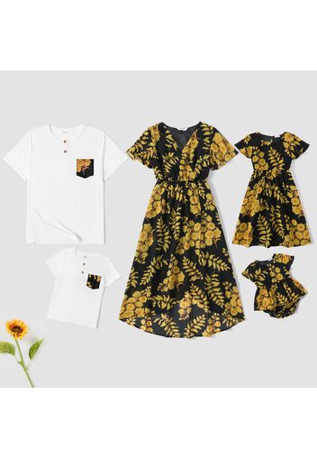 Family Matching All Over Floral Print Cross Wrap V Neck Ruffle Sleeve Dresses and Short-sleeve T-shirts Sets