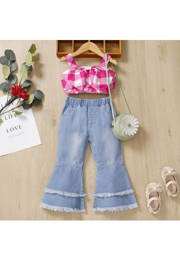 2-piece Toddler Girl Plaid Bowknot Design Crop Camisole and Falred Denim Jeans Set