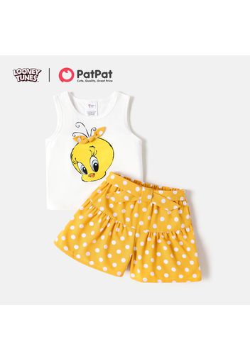 Looney Tunes 2pcs Kid Girl White Tank Top and Polka dots Belted Shorts Set