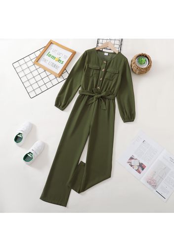 Kid Girl Button Design Long-sleeve Solid  Jumpsuit with Pocket and Belt