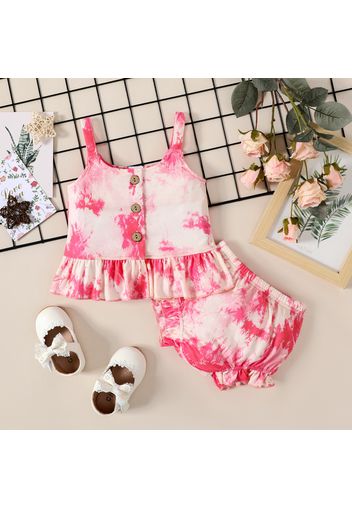 2pcs Baby Girl Tie Dye Button Up Sleeveless Ribbed Ruffle Tank Top and Shorts Set