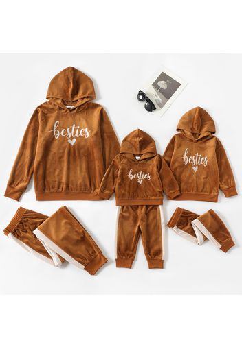 Letter Embroidered Brown Long-sleeve Hoodies with Pants Sets for Mom and Me