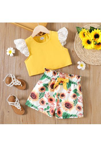 2pcs Kid Girl Lace Design Flutter-sleeve Yellow Tee and Floral Print Shorts Set