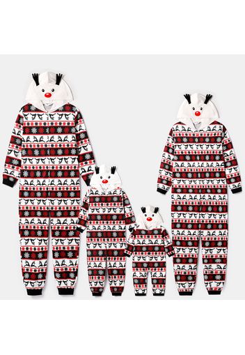 Christmas All Over Print Family Matching Antlers Hooded Long-sleeve Zip Onesies Pajamas Sets (Flame Resistant)