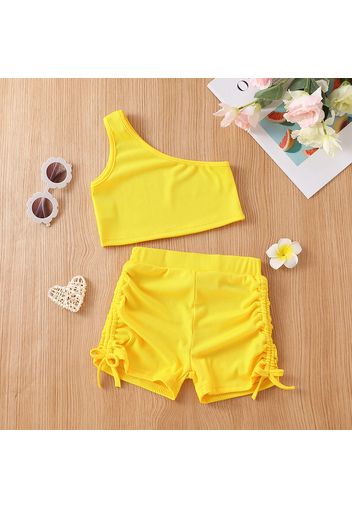 2pcs Toddler Girl Solid Color One Shoulder Tank Top and Drawstring Shorts Set