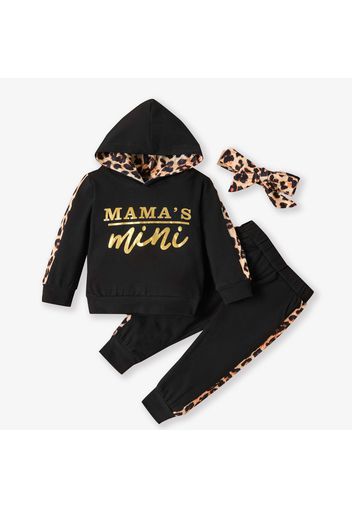 100% Cotton 3pcs Leopard and Letter Print Hooded Long-sleeve Baby Set