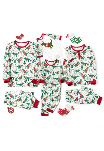 Christmas Dinosaur Print Green Family Matching Long-sleeve Pajamas Sets (Flame Resistant)