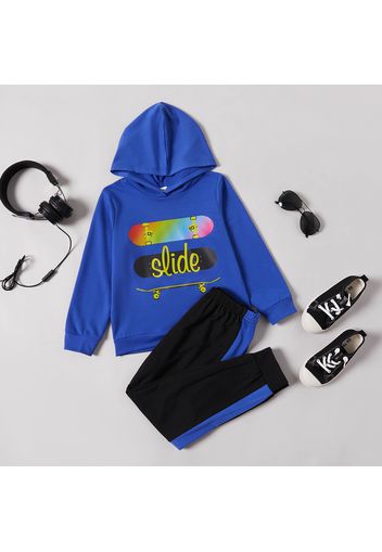 2-piece Kid Boy Skateboard Print Hoodie and Colorblock Pants Set