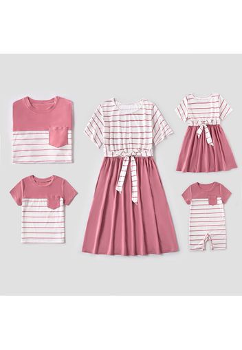 Red and White Striped  Short-sleeve Family Matching Sets(Belted Splicing Dresses and T-shirts)