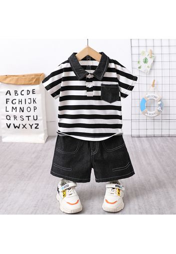 2pcs Toddler Boy Trendy Black Denim Jeans Shorts and Pocket Design Stripe Polo Shirt Set